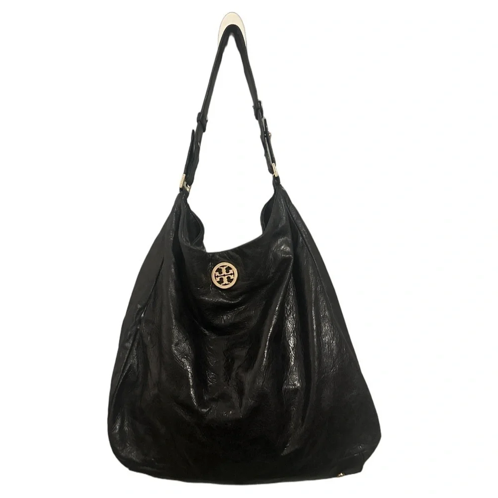 TORY BURCH Dena Black Glazed Distressed Leather Hobo Shoulder Bag